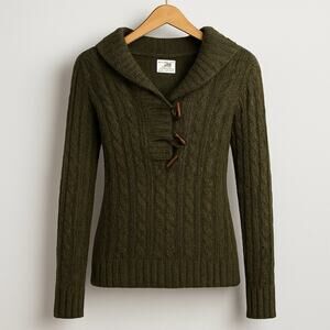 Y2K Old Navy Sweater Women S Green Wool Blend Cable Knit Toggle Pullover VTG